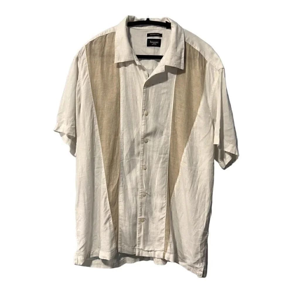 Haggar‎ Mens XXL Washable Linen Blend Short Sleeve Button Down Shirt White Tan